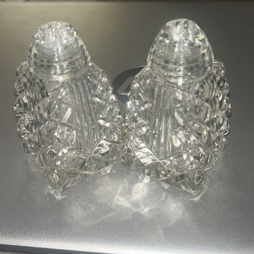 Vintage Glass Salt Pepper Shakers Block Diamond Fan Pattern w Glass Tops